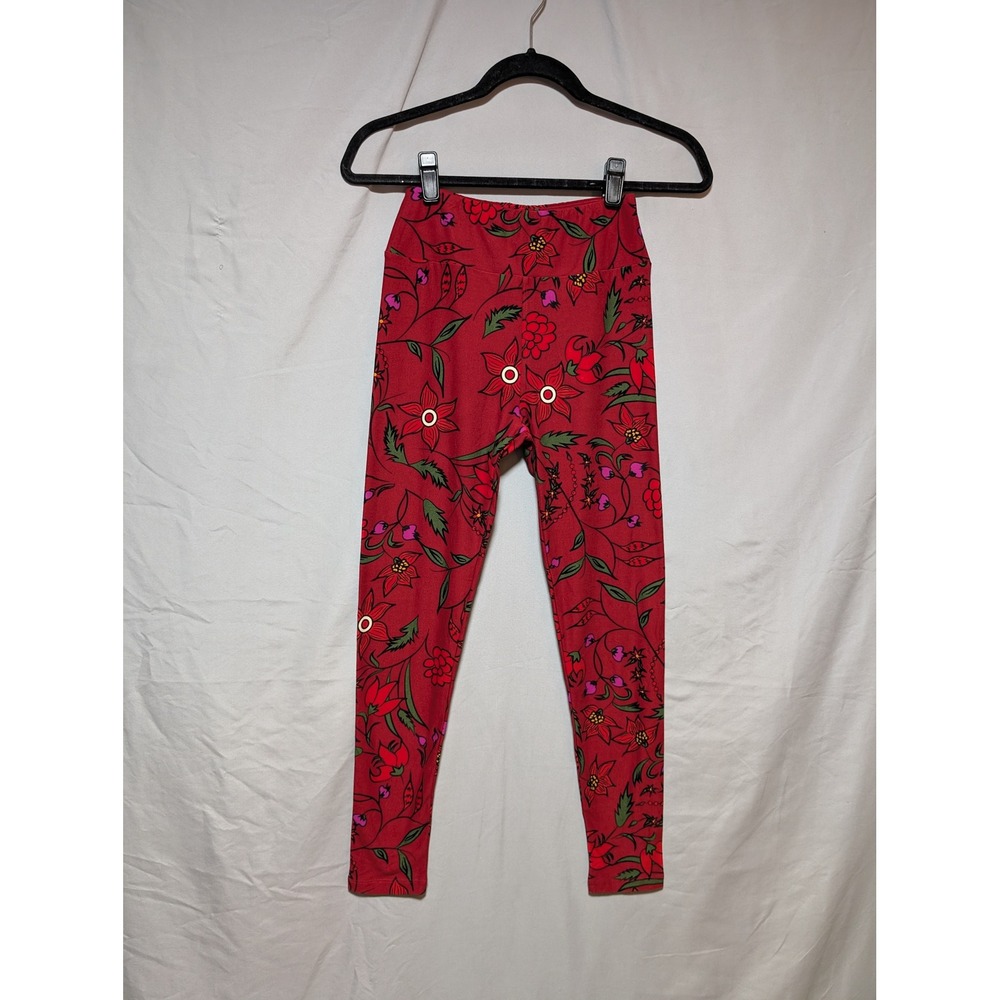 LuLaRoe Red Leggings Pink Green Floral Print Buttery Soft Women's‎ One Size